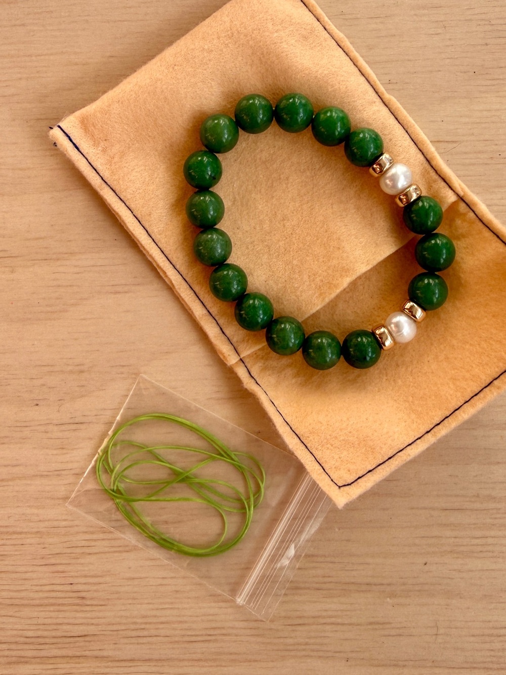 Green (Jade?) Bracelet with Pearl and Gold Accents